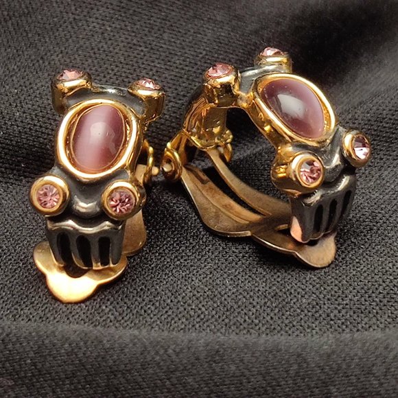 Vintage Retro Purple Cats Eye Amethyst Rhinestone Earrings 80/'s Art Deco Revival